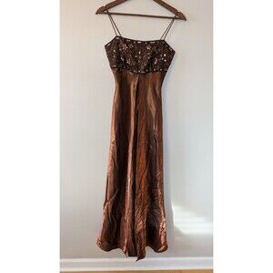 VTG Y2K Morgan Co Maxi Gown Sz 3/4 Fairy Grunge Prom Sequin Metallic Brown Satin